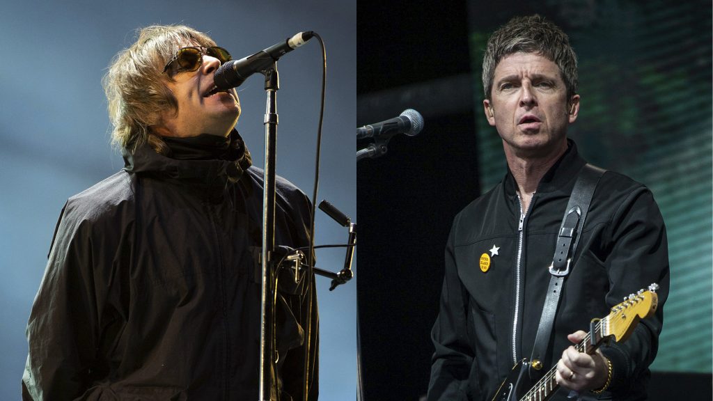 Liam Gallagher performs at the Reading Music Festival, England on Aug. 29, 2021, left, and Noel Gallagher performs at the Glastonbury Festival in Worthy Farm, Somerset, England, on June 25, 2022.