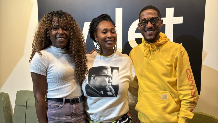 Grammy-nominated musician Mumu Fresh (center) poses with "The Metro" host Tia Graham and guest co-host, Outlier Media Executive Director Orlando Bailey.