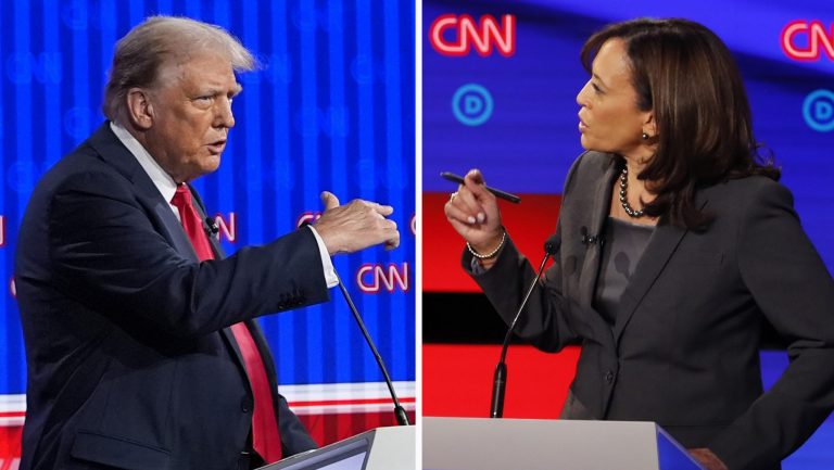 This combination photo shows Republican presidential candidate former President Donald Trump speaking during a presidential debate, June 27, 2024, in Atlanta, left, and Sen. Kamala Harris, D-Calif., speaking during a Democratic presidential primary debates, July 31, 2019, in Detroit.