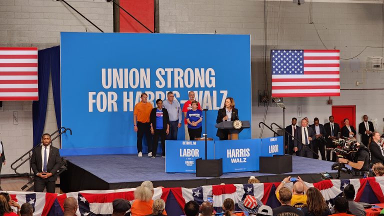Democratic presidential nominee Kamala Harris addresses a crowd of union members and supporters at a campaign stop on Monday, Sept. 2, 2024, at Detroit's Northwestern High School.