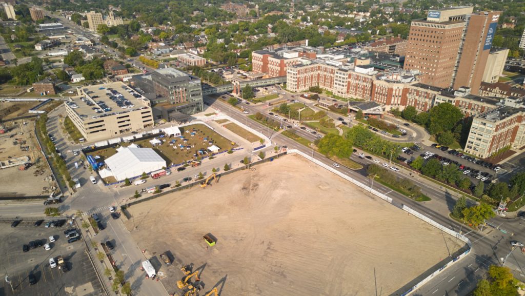 An aerial view of the new Henry Ford Health hospital location in Detroit.