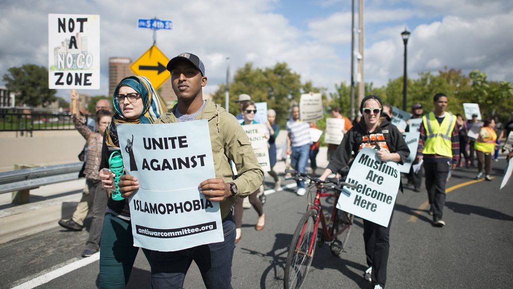 Protesters gathered in east Minneapolis for a rally and march to denounce hate speech and hate crimes against Muslims, Sept. 17, 2016.