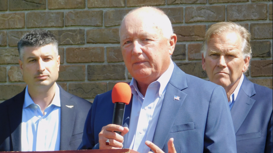 “The Democratic Party here has provided a Safe Zone — a safe zone for Chinese Communist Party affiliative companies to receive taxpayer incentives," said Peter Hoekstra (center), Michigan Republican Party chair, at a news conference with U.S. Senate candidate Mike Rogers and congressional candidate Tom Barrett in Lansing.