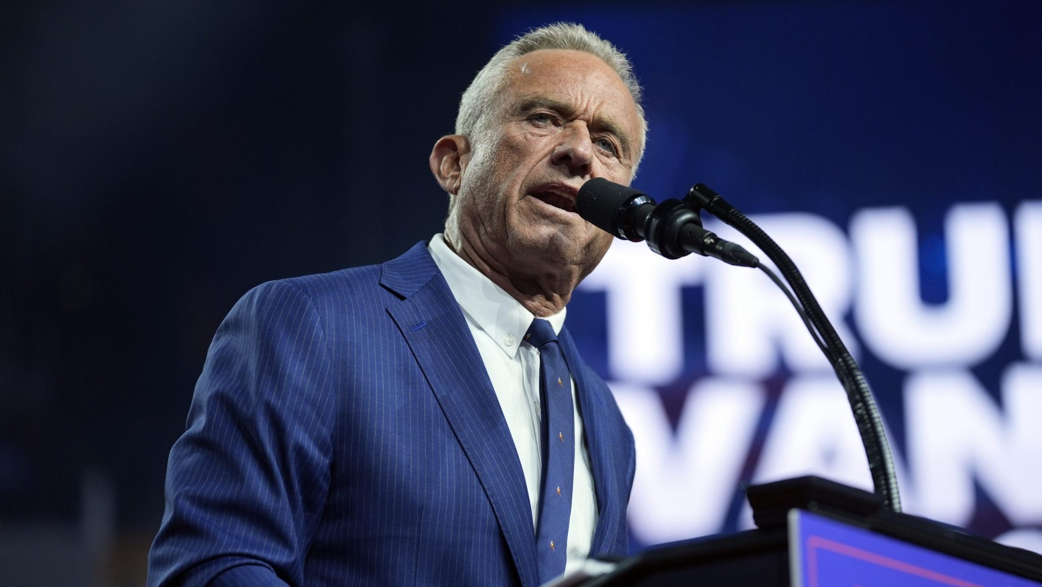 FILE - Independent presidential candidate Robert F. Kennedy Jr. speaks as he endorses Republican presidential nominee former President Donald Trump at a campaign rally at the Desert Diamond Arena, Friday, Aug. 23, 2024, in Glendale, Ariz.