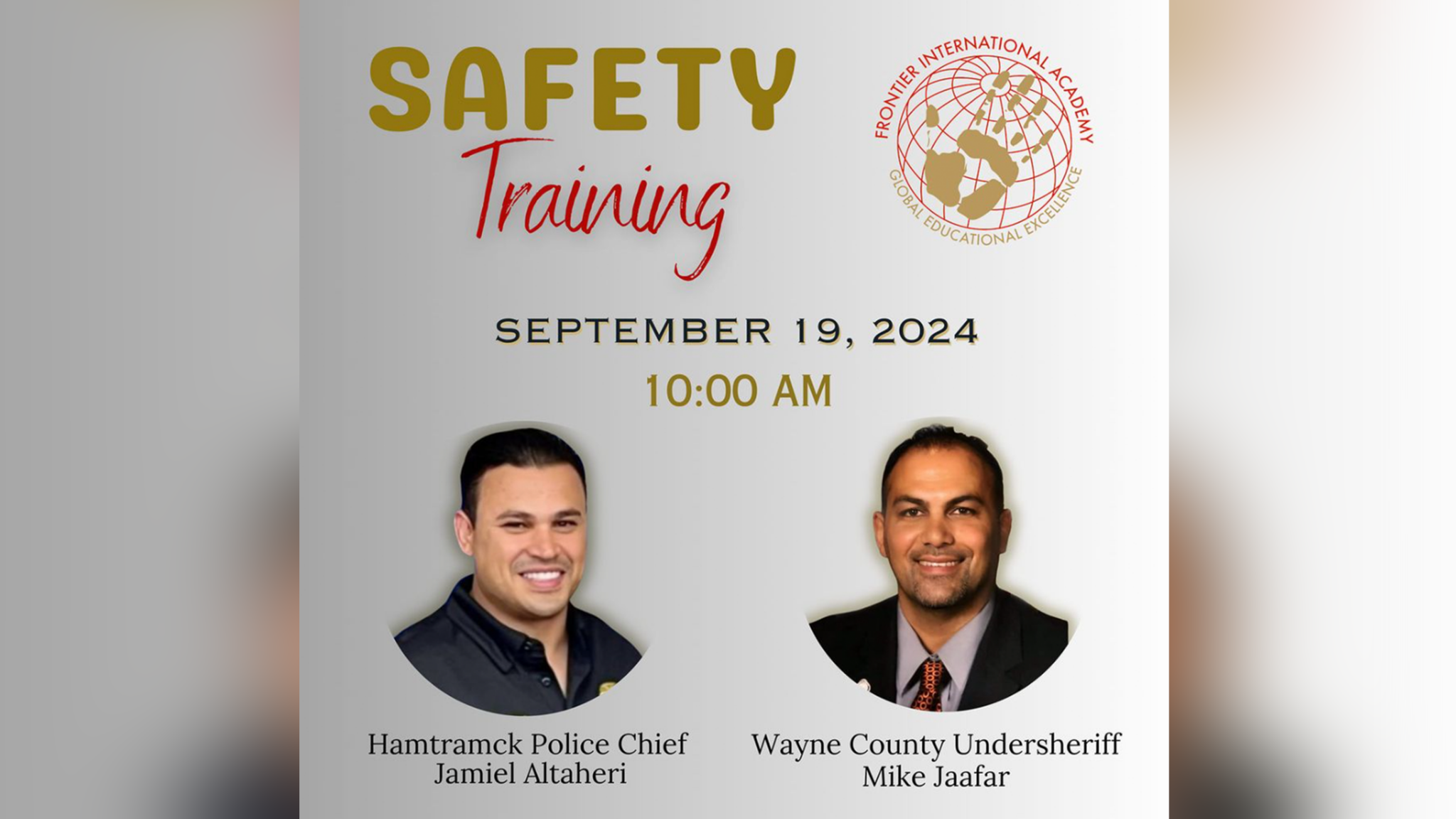 Hamtramck Police Chief Jamiel Altaheri and Wayne County Undersheriff Mike Jaafar will host a safety training for parents at Frontier International Academy in Detroit on Thursday, Sept. 19.