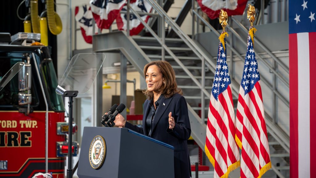 Vice President Kamala Harris speaks to union members, firefighters, and their families at a campaign stop in Redford Twp., Michigan, Oct. 4, 2024.