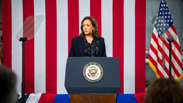 Vice President Kamala Harris speaks to union members, firefighters, and their families at a campaign stop in Redford Twp., Michigan.