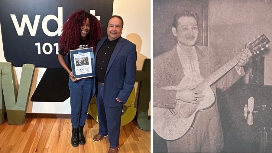 Right image: Tia Graham with Detroit historian Frank Solis. Left image: Archival photo of Tejano musician Martin Solis.