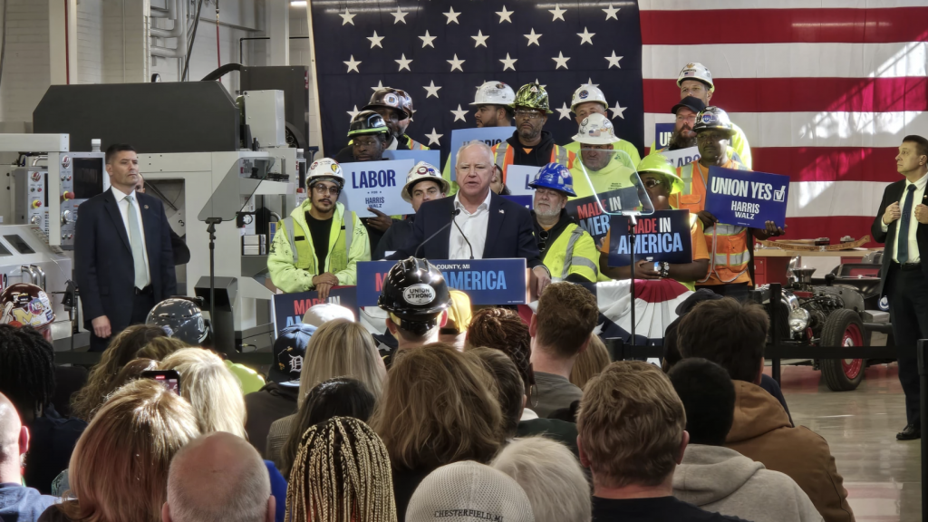 Democratic vice presidential nominee Tim Walz speaks to union members in Warren, Michigan, on Friday, Oct. 11, 2024.