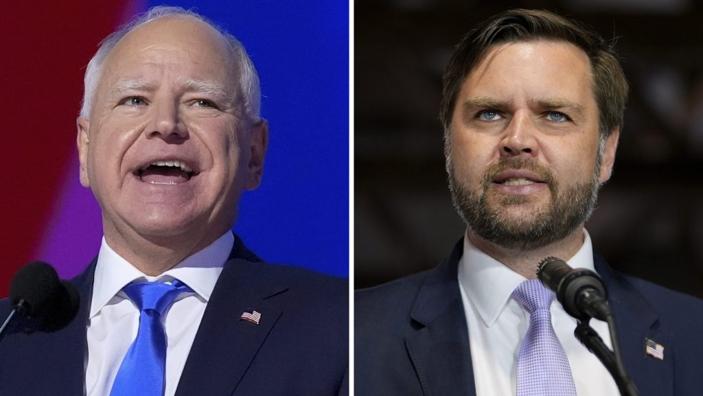 This combination of photos shows Democratic vice presidential candidate Minnesota Gov. Tim Walz, left, at the DNC on Aug. 21, 2024, in Chicago, and Republican vice presidential nominee Sen. JD Vance, R-Ohio, on Sept. 25, 2024, in Traverse City, Mich.