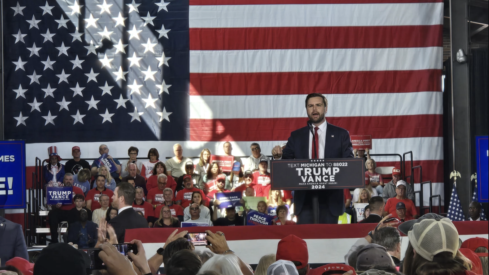 Republican vice presidential candidate JD Vance speaks at a rally at Eastern Market in Detroit on Oct. 8, 2024.