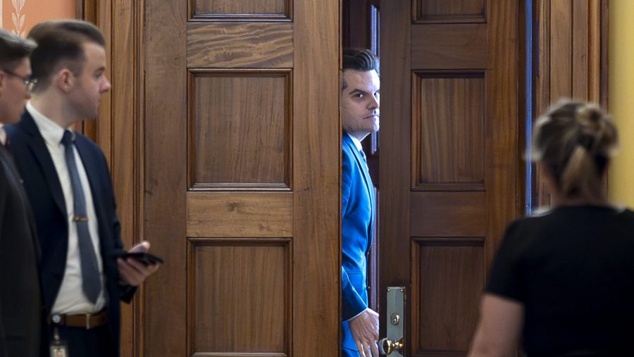 President-elect Donald Trump's nominee to be attorney general, former Rep. Matt Gaetz, R-Fla., closes a door to a private meeting with Vice President-elect JD Vance and Republican Senate Judiciary Committee members, at the Capitol in Washington, Wednesday, Nov. 20, 2024.