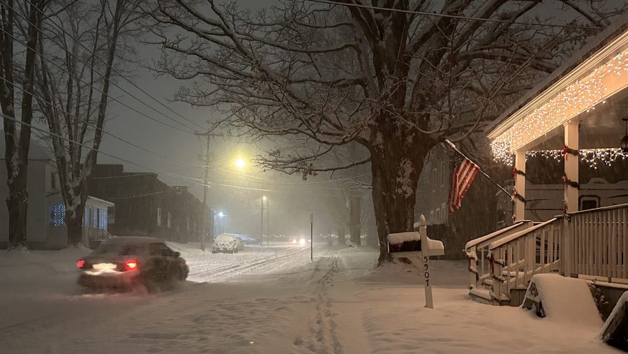 Lake-effect snow falls in Lowville, N.Y., on Friday, Nov. 29, 2024.