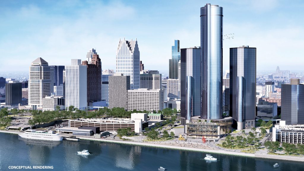 Bedrock and General Motors on Monday announced a conceptual plan to redevelop the Renaissance Center and 27 acres along the Detroit riverfront.