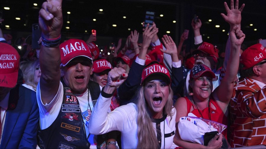 Supporters watch returns at a campaign election night watch party for Republican presidential nominee former President Donald Trump at the Palm Beach Convention Center, Wednesday, Nov. 6, 2024, in West Palm Beach, Fla.