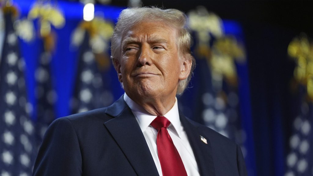 Republican presidential nominee former President Donald Trump arrives at an election night watch party at the Palm Beach Convention Center, Wednesday, Nov. 6, 2024, in West Palm Beach, Fla.