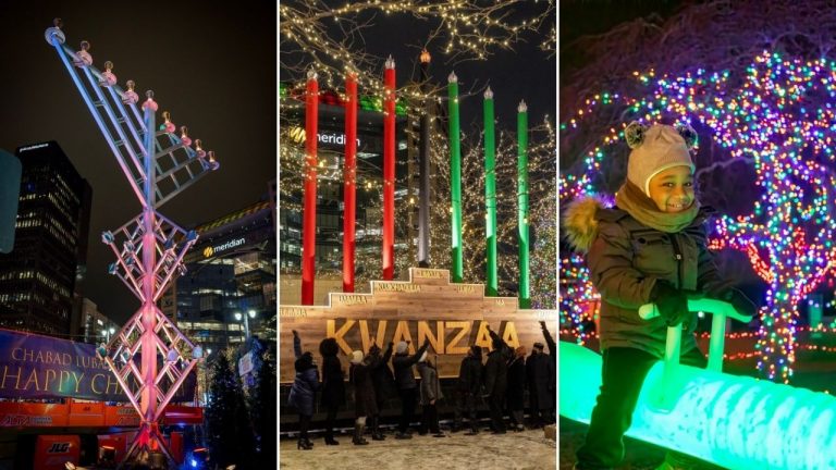 A collage showing a large menorah, a large kinara and a kid enjoying the Zoo Lights