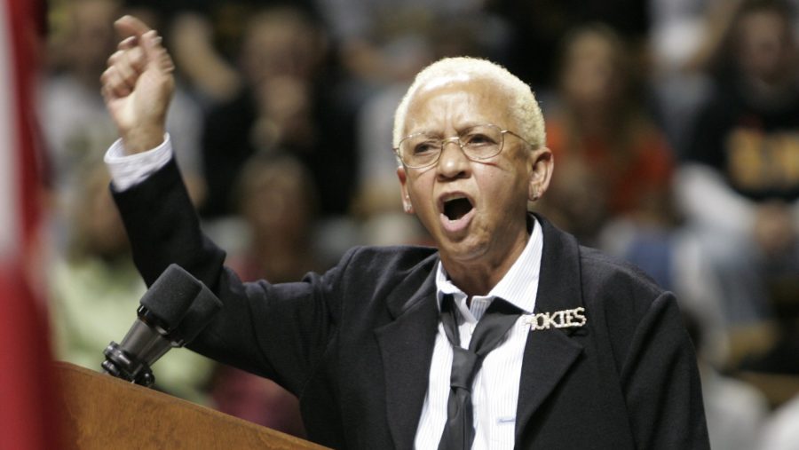 FILE - Virginia Tech English Professor, Nikki Giovanni speaks closing remarks at a convocation to honor the victims of a shooting rampage at Virginia Tech in Blacksburg, Va., on April 17, 2007.