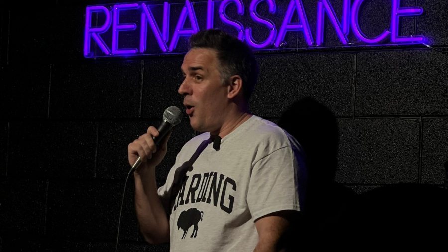 Drew Fralick, co-lead pastor of the Renaissance Vineyard Church in Ferndale, performs at the "Joke Gym" in the church's basement.