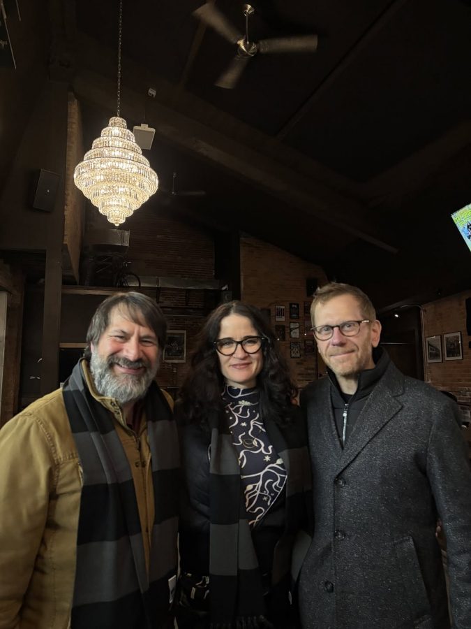 WDET music hosts Mike Latulippe (from left), Liz Warner and Jon Moshier at WDET's 75th anniversary wrap party.