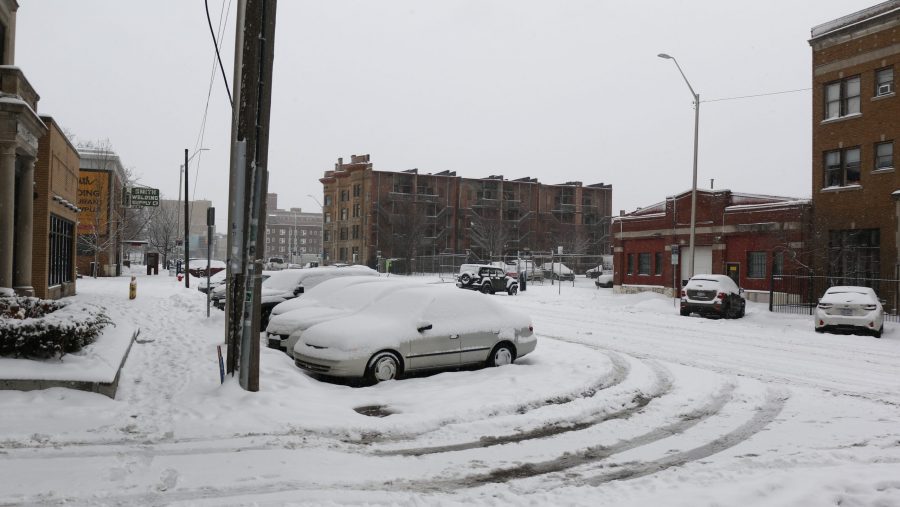 A snowy street in Detroit