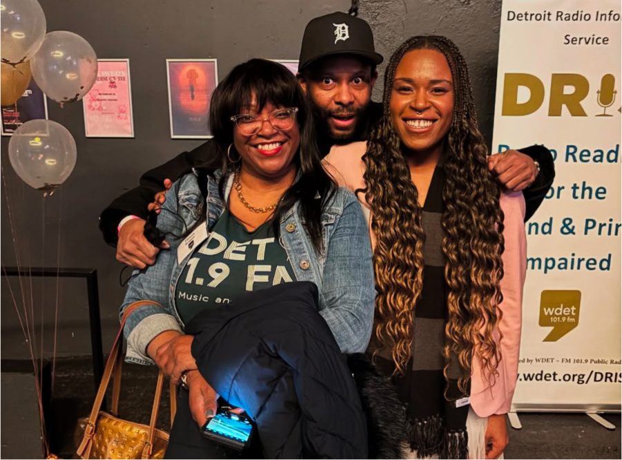 WDET's Felicia Burgess (left) poses for a photo with WDET music host Waajeed and Metro co-host Tia Graham at the station's 75th anniversary wrap party.
