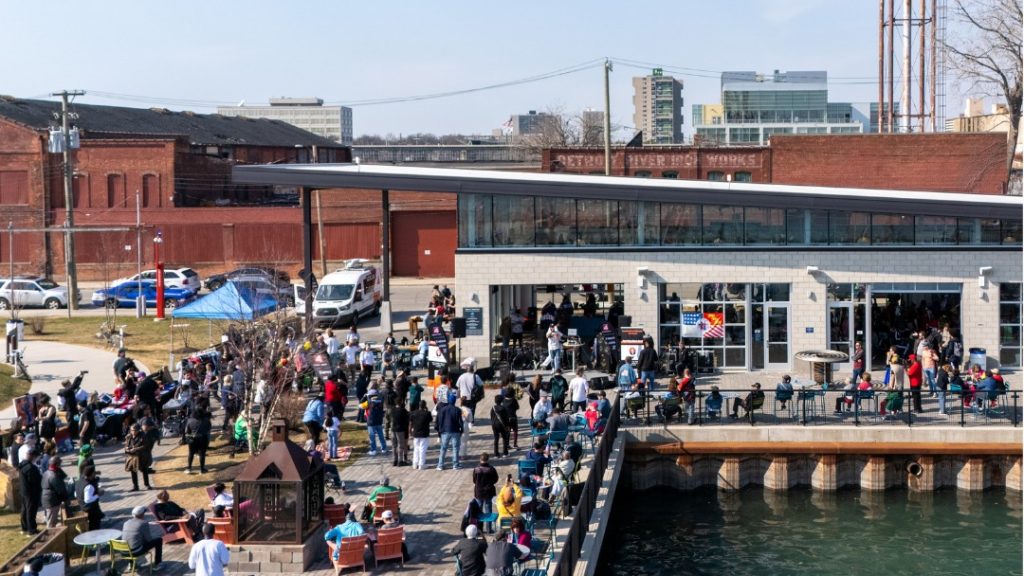 People gathering on the Detroit Riverfront