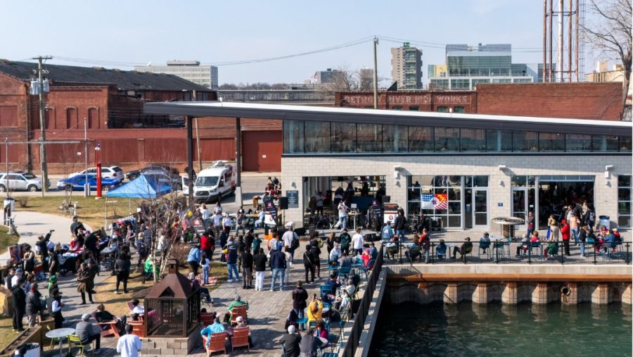 People gathering on the Detroit Riverfront