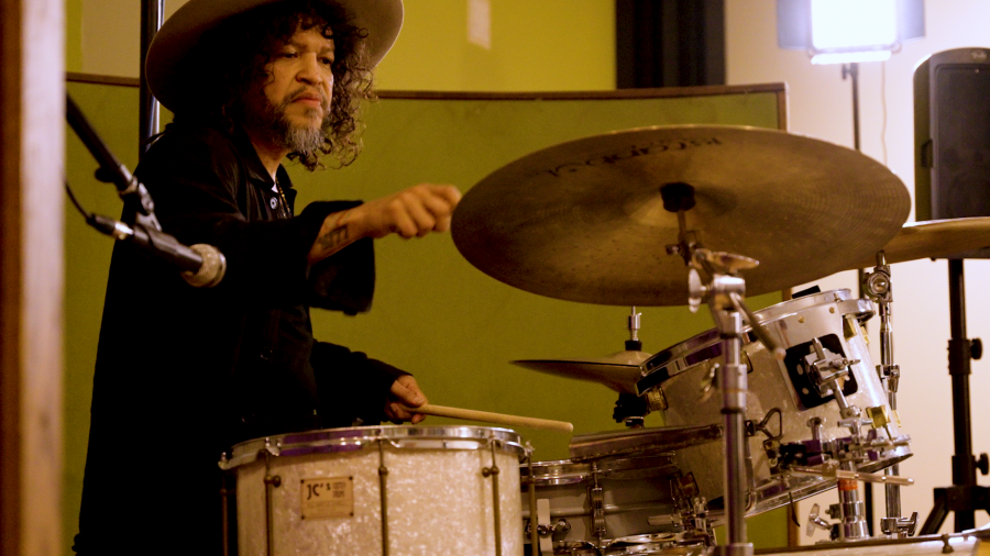 Daniel Villarreal plays a drumset in WDET's live studio