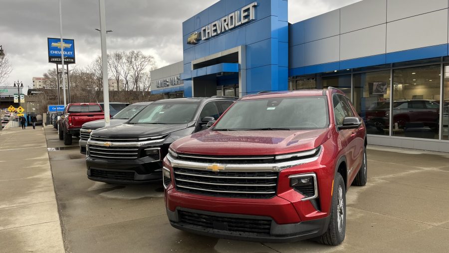 Vehicles for sale outside James-Martin Chevrolet in Detroit, Wednesday, March 5, 2025.