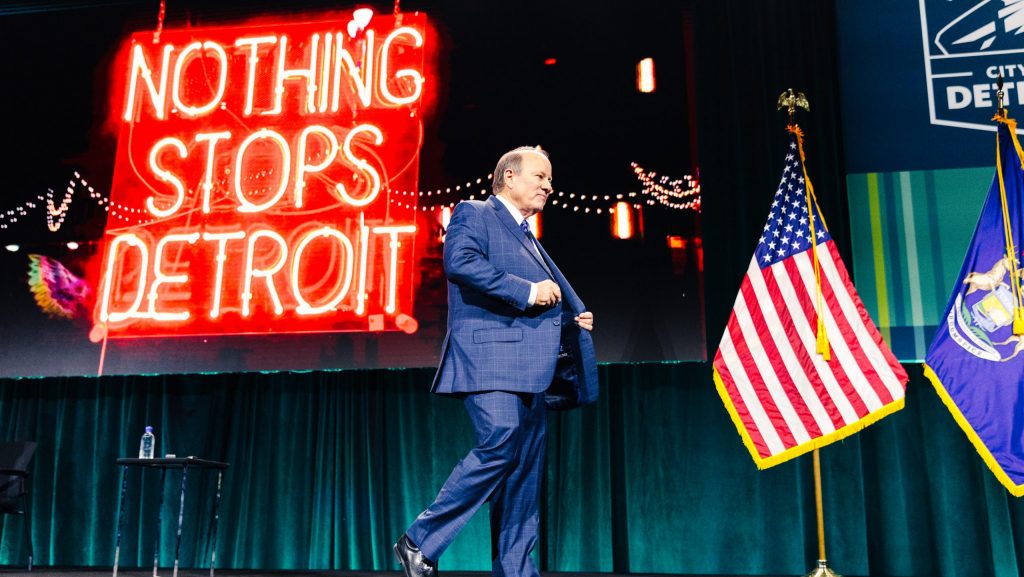 Detroit Mayor Mike Duggan at his 2025 State of the City address from Hudson's Detroit.