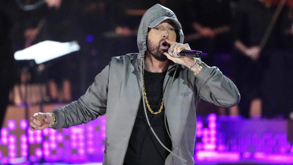 FILE - Eminem performs during "Live From Detroit: The Concert at Michigan Central," June 6, 2024, in Detroit.