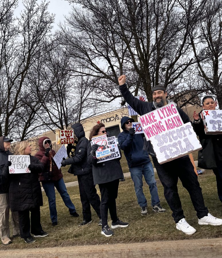 Tesla Takedown protestors demonstrate on the sidewalk outside Somerset Mall in Troy.