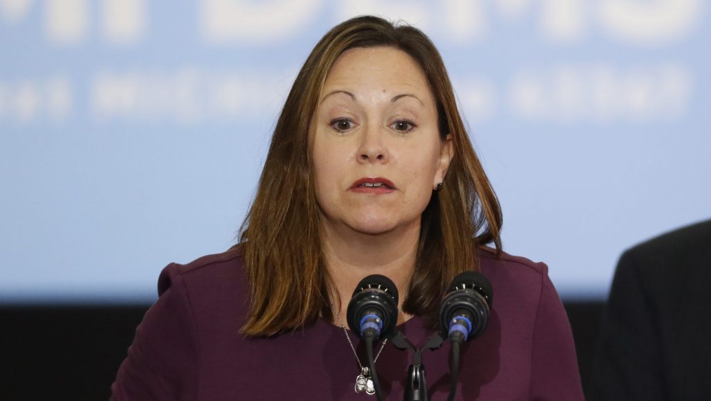 FILE - Megan Cavanagh, a candidate for the Michigan Supreme Court, speaks during a rally in Detroit, Friday, Oct. 26, 2018.