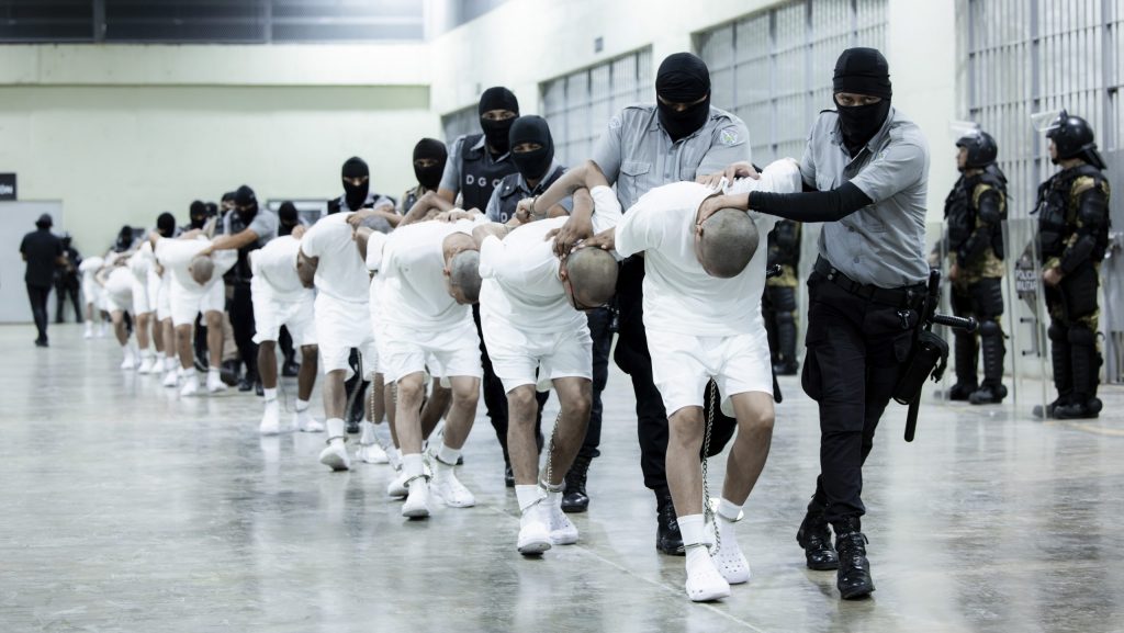 In this photo provided by El Salvador's presidential press office, prison guards transfer deportees from the U.S., alleged to be Venezuelan gang members, to the Terrorism Confinement Center in Tecoluca, El Salvador, Sunday, March 16, 2025.
