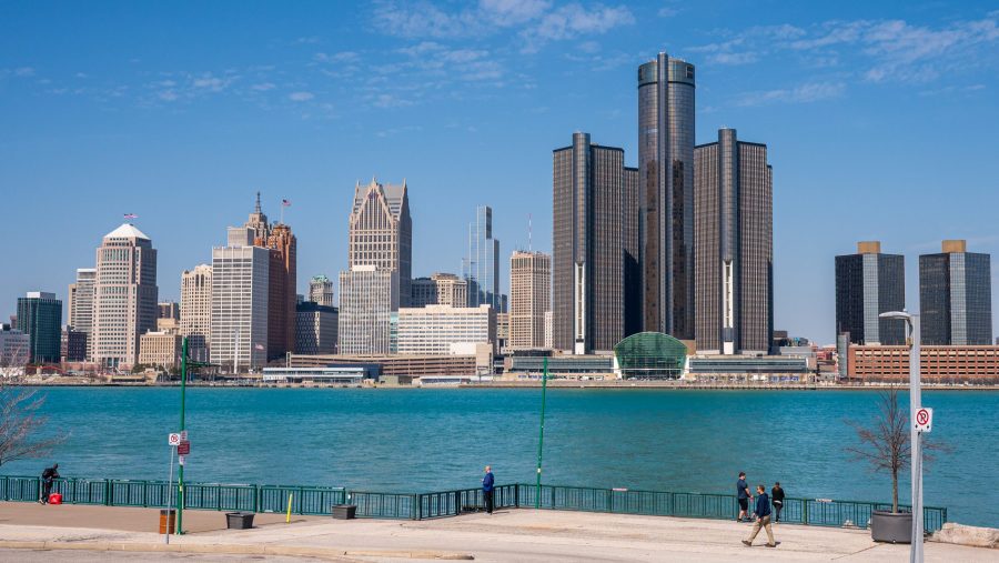 The Detroit skyline as seen from Windsor, Ontario on March 19, 2025.