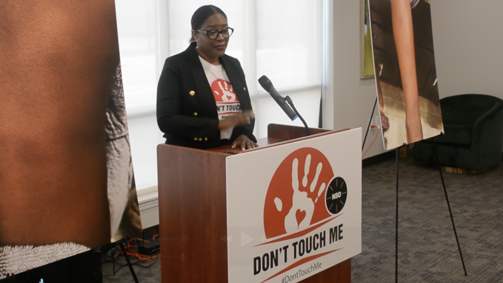 Neighborhood Service Organization CEO Linda Little talking about the #DontTouchMe campaign at an event.