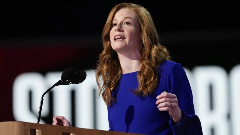 FILE - Michigan State Sen. Mallory McMorrow speaks at the Democratic National Convention, August 19, 2024, in Chicago.