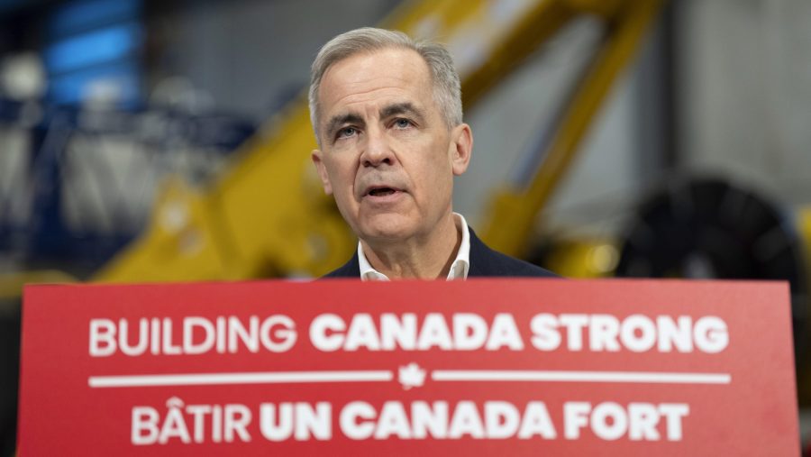 In this image released on Thursday, April, 17, is liberal leader Mark Carney, campaigning at the Operating Engineers Training Institute of Ontario in Oakville.