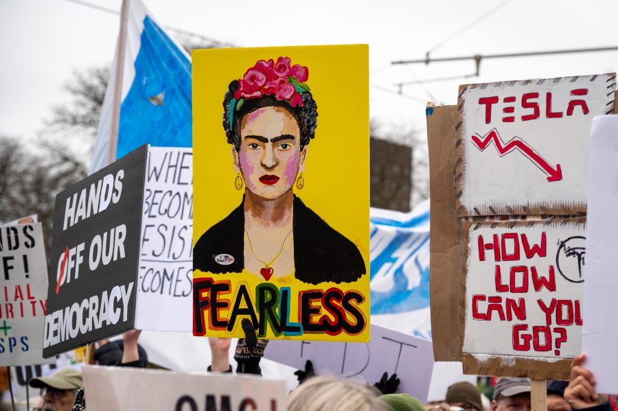 A Frida Kahlo protest sign during the #HandsOff protest on April 5, 2025.