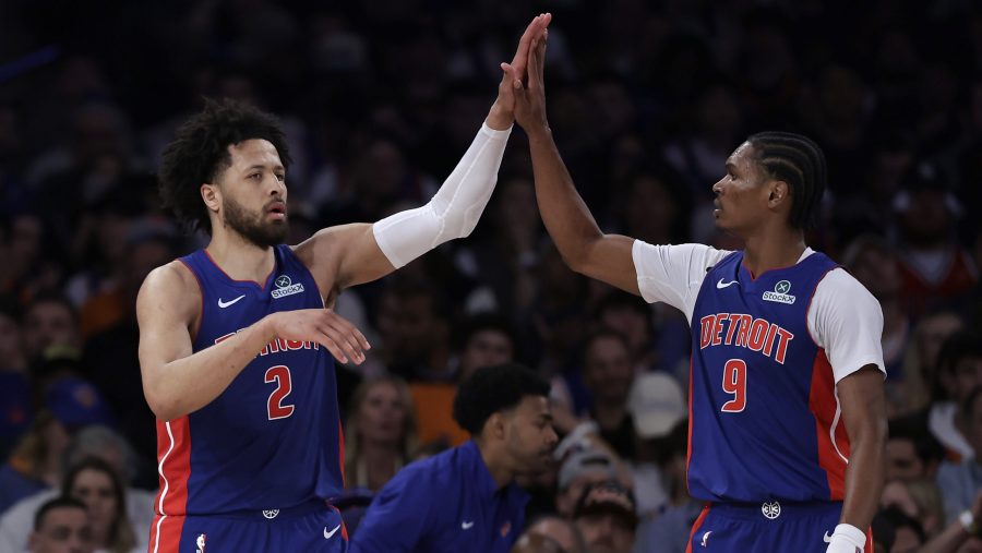 Detroit Pistons guard Cade Cunningham (2) celebrates with Ausar Thompson in the second half during Game 5 in an NBA basketball first-round playoff series against the New York Knicks, Tuesday, April 29, 2025, in New York.