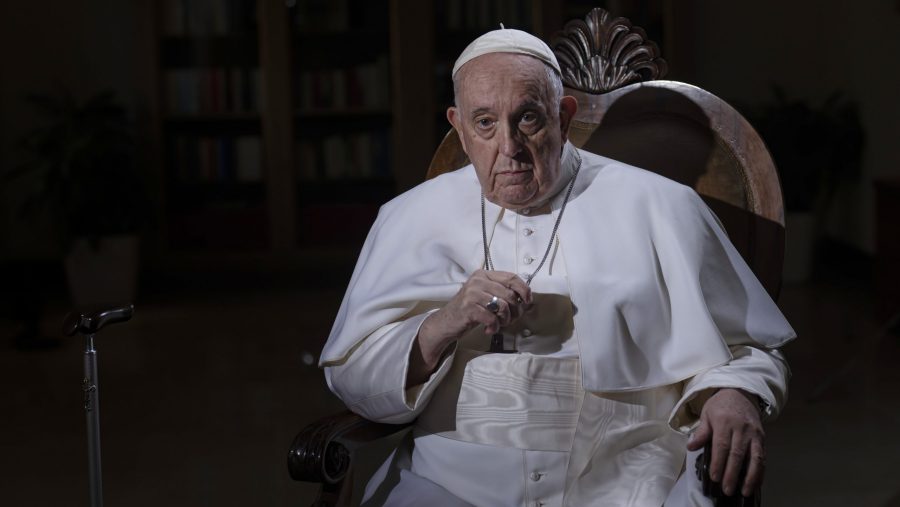 FILE - Pope Francis pauses during an interview with The Associated Press at The Vatican, Tuesday, Jan. 24, 2023.
