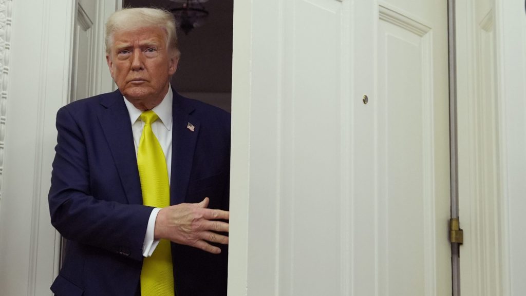 President Donald Trump arrives at a swearing in ceremony for Dr. Mehmet Oz to be Administrator of the Centers for Medicare and Medicaid Services, in the Oval Office of the White House, Friday, April 18, 2025, in Washington.