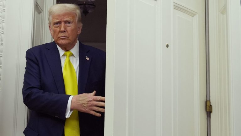 President Donald Trump arrives at a swearing in ceremony for Dr. Mehmet Oz to be Administrator of the Centers for Medicare and Medicaid Services, in the Oval Office of the White House, Friday, April 18, 2025, in Washington.
