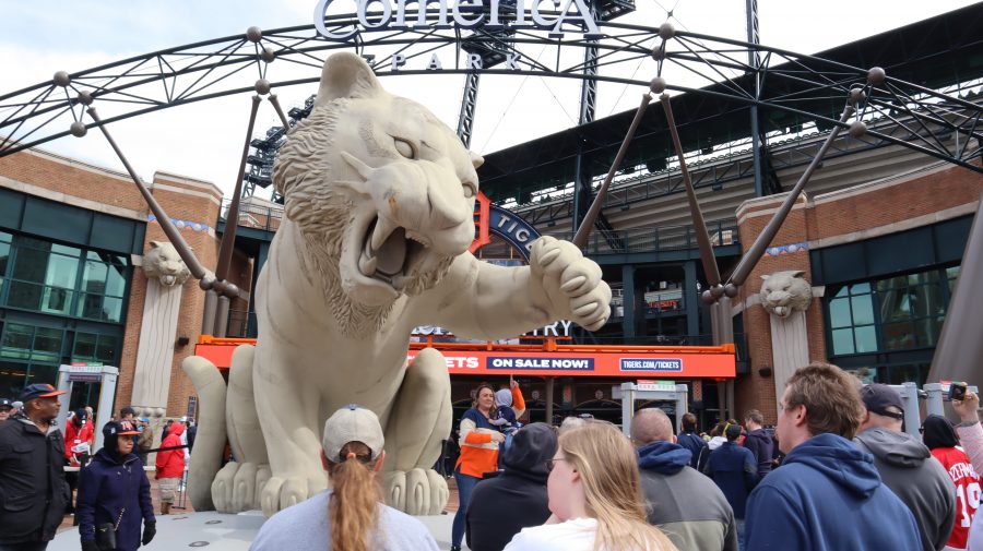 The tiger statue sits outside Comerica Park in Detroit