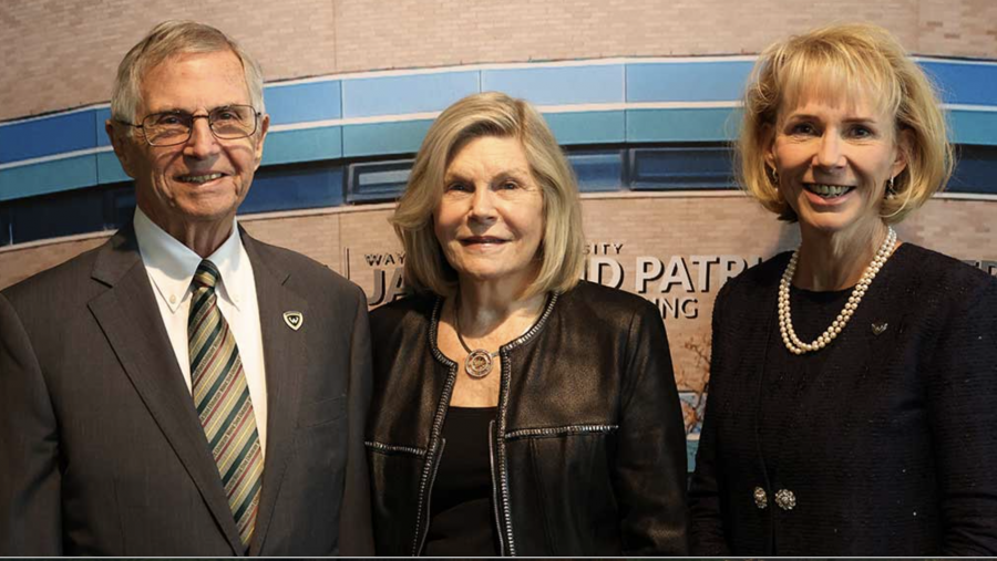 (From left) Wayne State University alumnus James A. Anderson and his wife, Patricia, with WSU President Dr. Kimberly Andrews Espy.