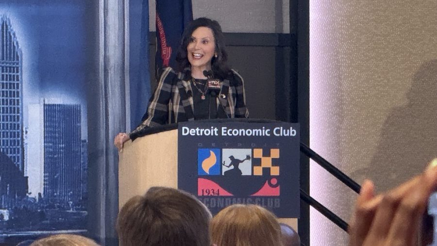 Michigan Gov. Gretchen Whitmer speaks at the Detroit Economic Club on Monday, April 14, 2025.