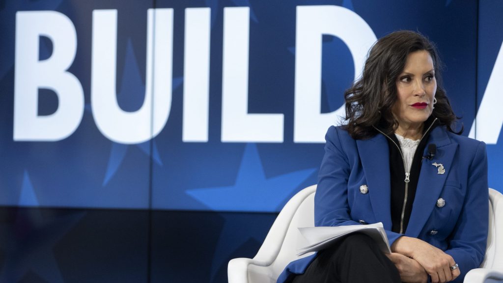 Michigan Gov. Gretchen Whitmer speaks with former television journalist Gretchen Carlson, not shown, at an event on Wednesday, April 9, 2025, in Washington.