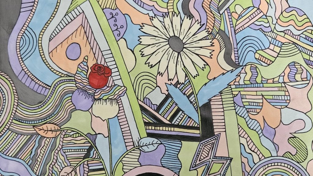Abstract illustration featuring pastel colors, geometric shapes and flowers.