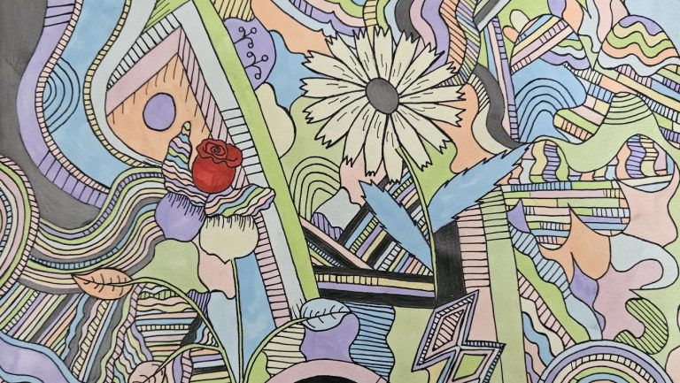 Abstract illustration featuring pastel colors, geometric shapes and flowers.